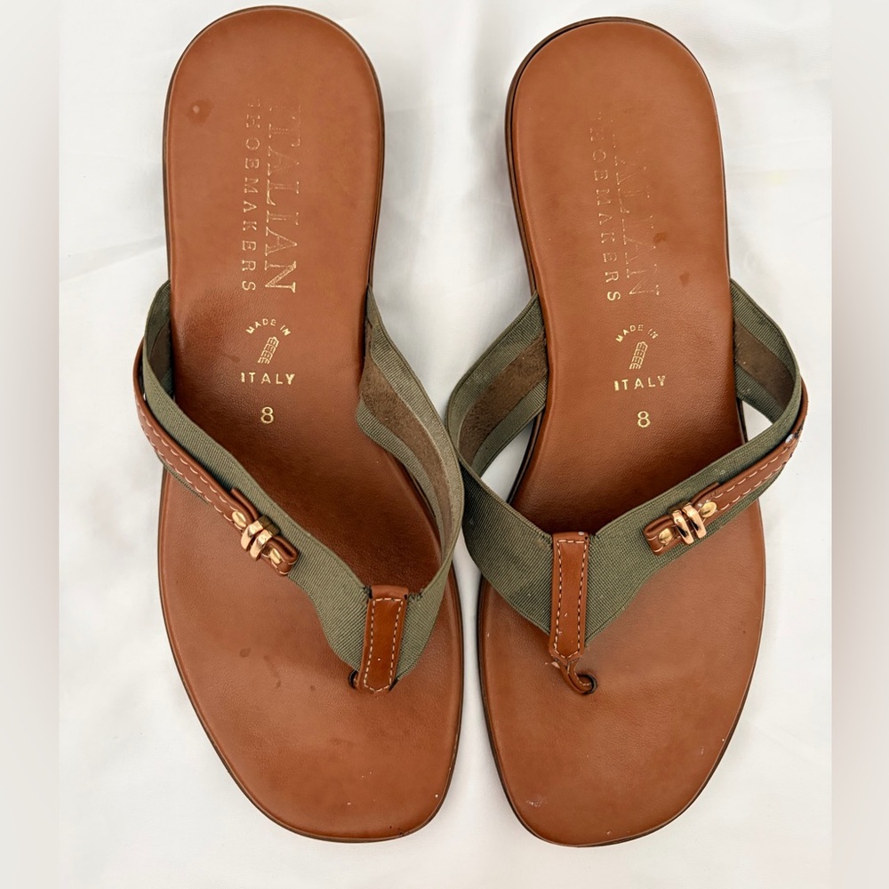 Italian Shoemakers Brown Leather Sandals with Olive Fabric Straps